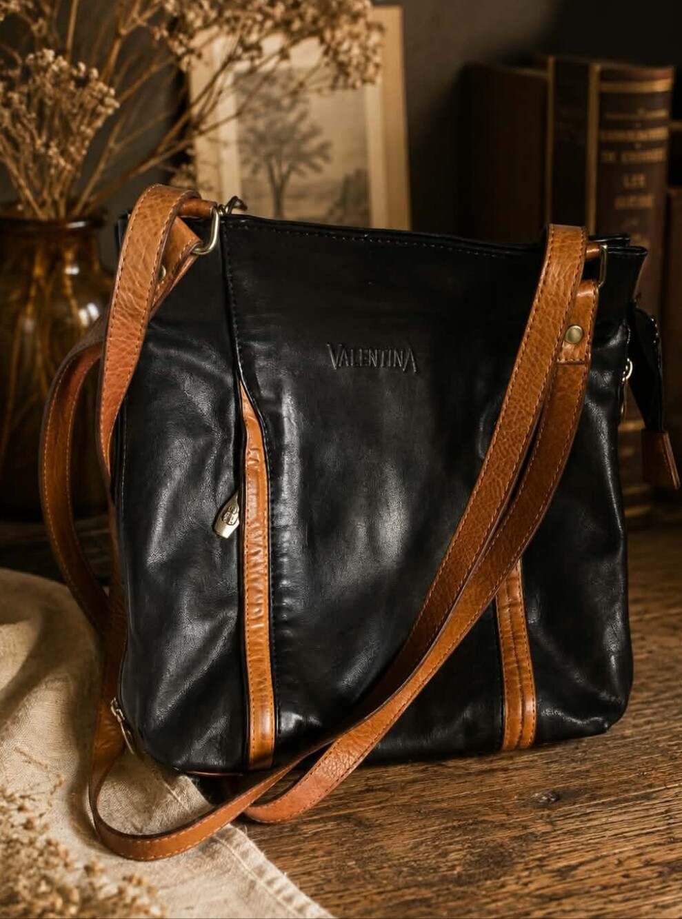 Valentina Black and Tan Leather Crossbody Bag